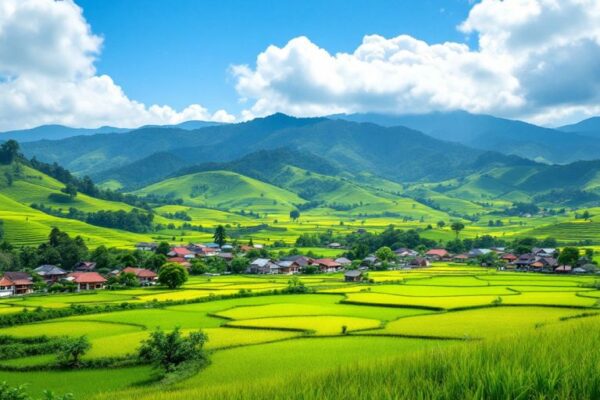 Pemandangan desa Kutanegara dengan rumah tradisional dan sawah.