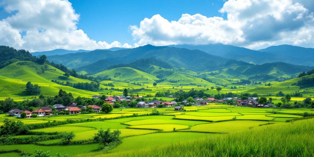 Pemandangan desa Kutanegara dengan rumah tradisional dan sawah.