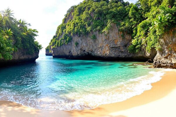 Pantai tersembunyi Bali dengan air jernih dan tebing hijau.