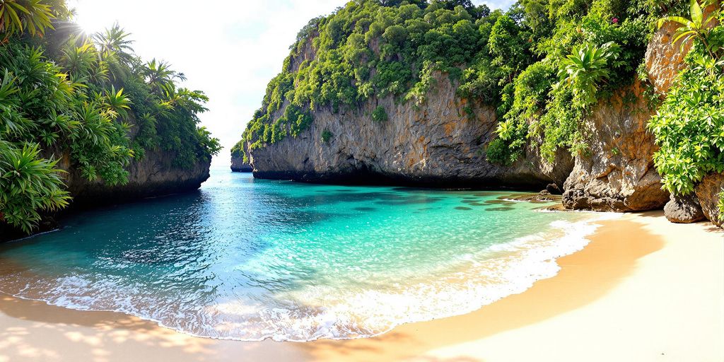 Pantai tersembunyi Bali dengan air jernih dan tebing hijau.