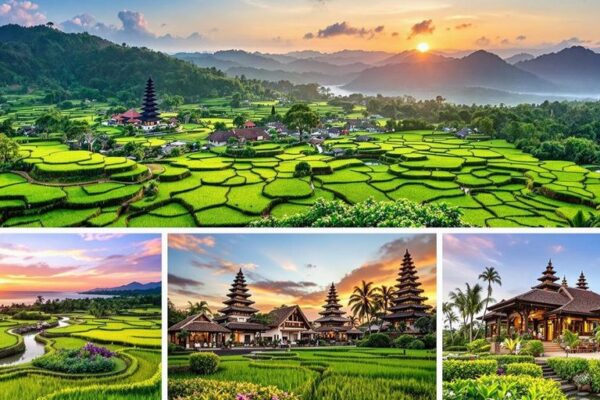 Pemandangan indah Bali dengan sawah dan pantai.