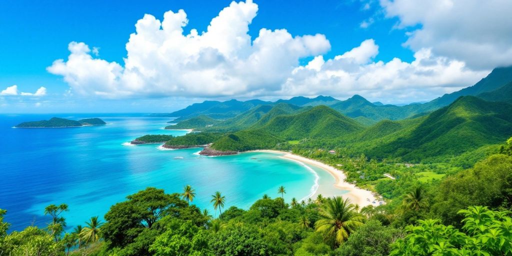 Pemandangan alam indah Indonesia dengan gunung dan laut.