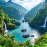 Pemandangan alam Bali dengan air terjun tersembunyi dan pantai.