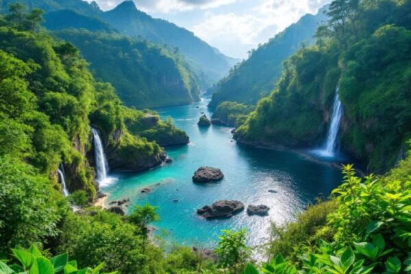 Pemandangan alam Bali dengan air terjun tersembunyi dan pantai.