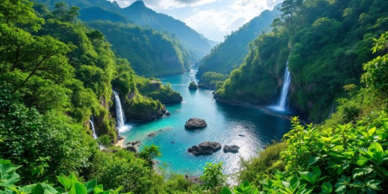 Pemandangan alam Bali dengan air terjun tersembunyi dan pantai.