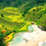 Lanskap Bali dengan sawah hijau dan pantai yang tenang.