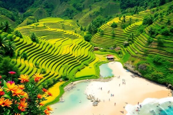 Lanskap Bali dengan sawah hijau dan pantai yang tenang.