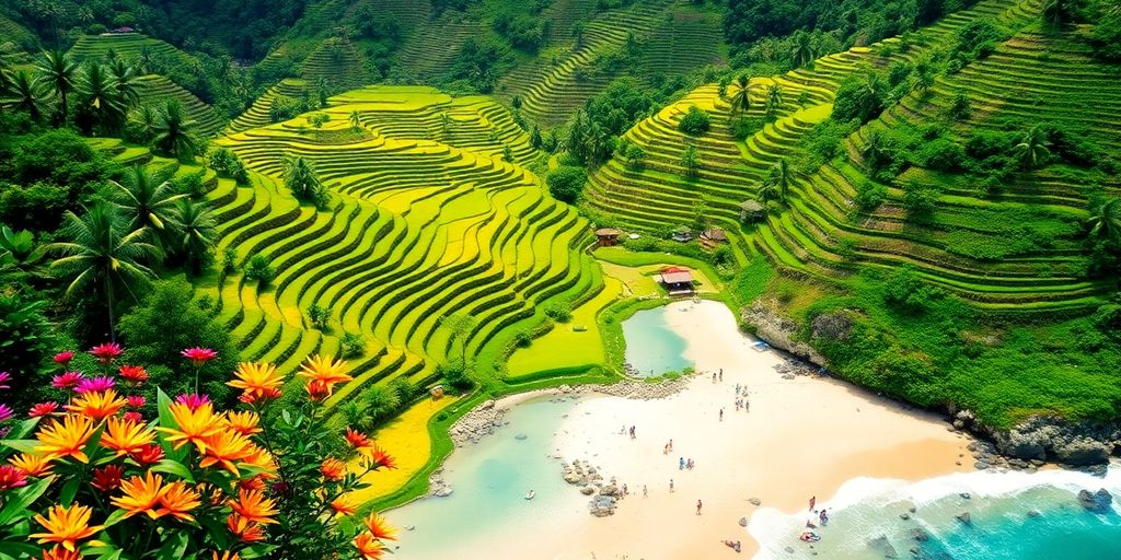 Lanskap Bali dengan sawah hijau dan pantai yang tenang.